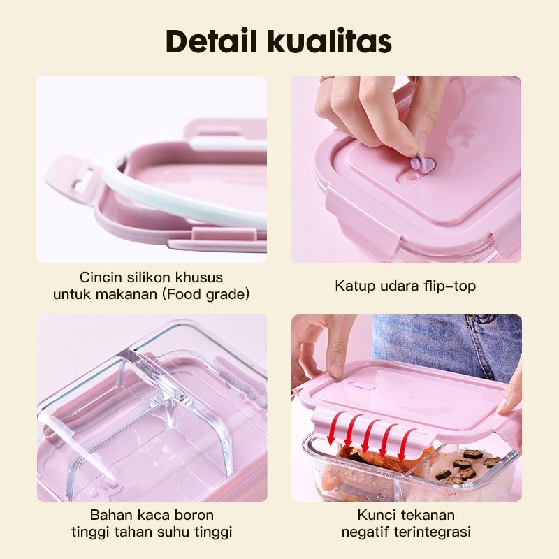 Dida International Trading Eatkit Set Kotak Makan Siang Kaca 3 Sekat Tahan Panas 3in1
