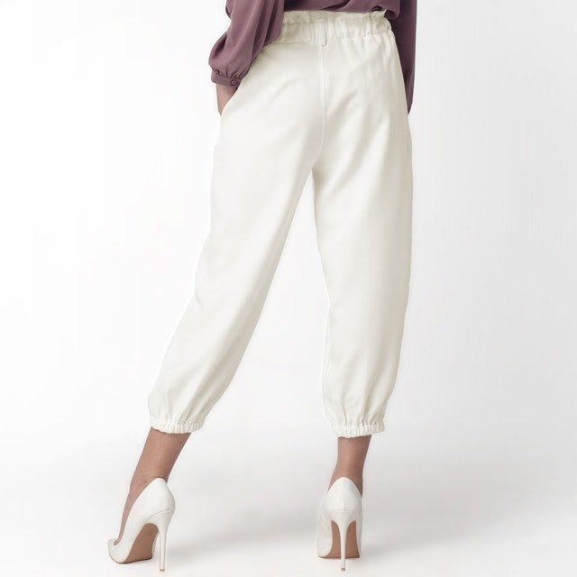 Celana "Eunji" Bahan Wanita High Waist Jogger Pant Pinggang Karet Off White  5
