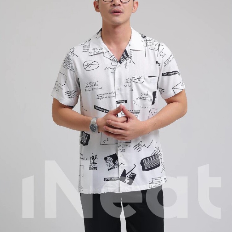  iNeat Hawaiian Shirt Motif Abstract Typography Bowling Shirt