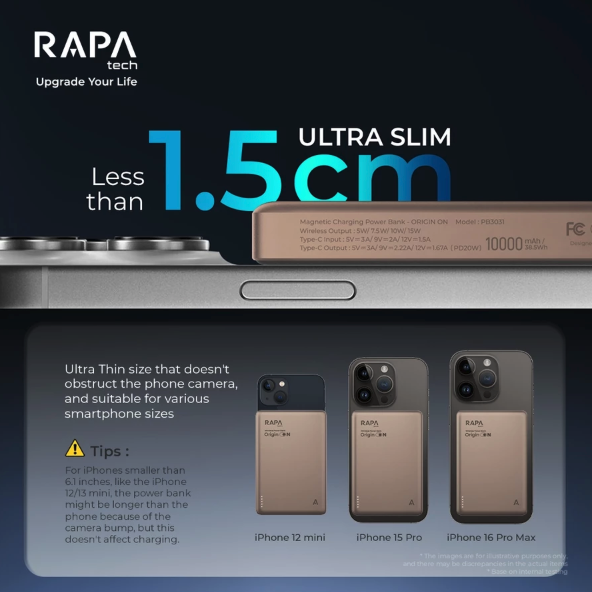 Satu Bisnis Indonesia RAPAtech Origin On Powerbank Ultra Slim Wireless 15W + PD20W PB3031