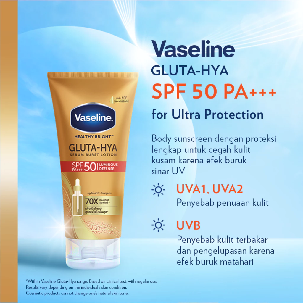Unilever Indonesia Vaseline® Gluta-Hya Serum Burst Sunscreen SPF 50 PA+++