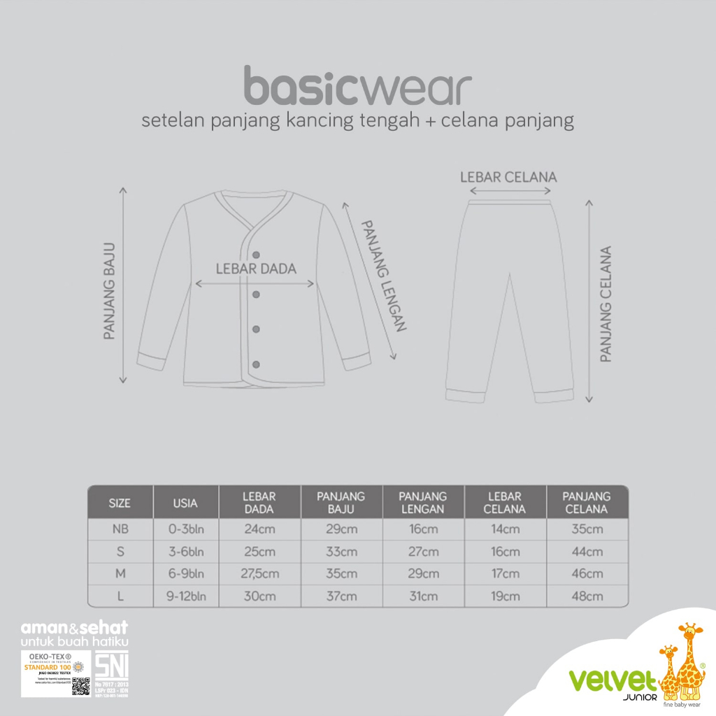 Evergreen Buana Prima Sandang Velvet Junior Baju Bayi Anti Nyamuk Setelan Panjang Kancing Tengah