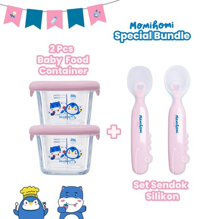 Momi Homi Bundle MPASI Bayi 2 Food Container Kaca + Set Sendok Silikon 3