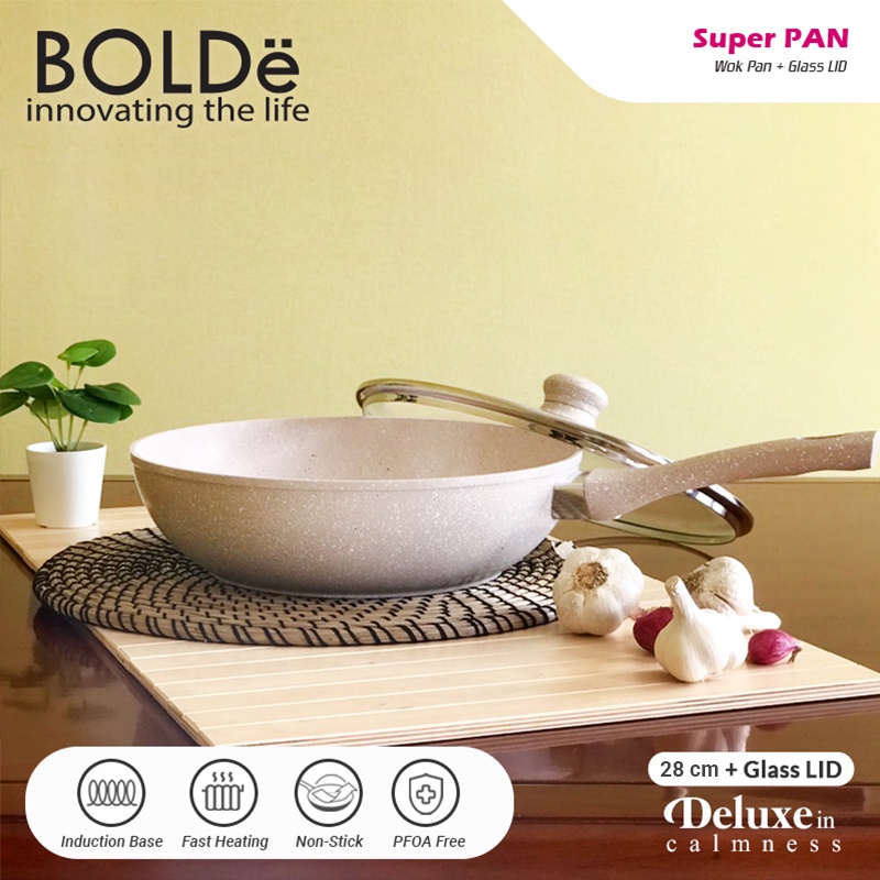 Bolde Inovasi Global BOLDe Super Pan Wok + Lid Glass Beige 28 cm