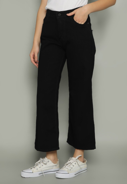 Nuber Clover Celana Boyfriend Highwaist Elastic Jeans Wanita Kulot Black