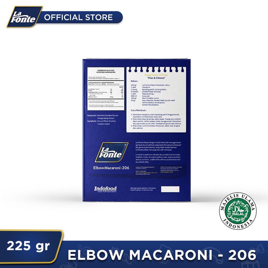 Indofood Sukses Makmur La Fonte Elbow Macaroni-206 225g