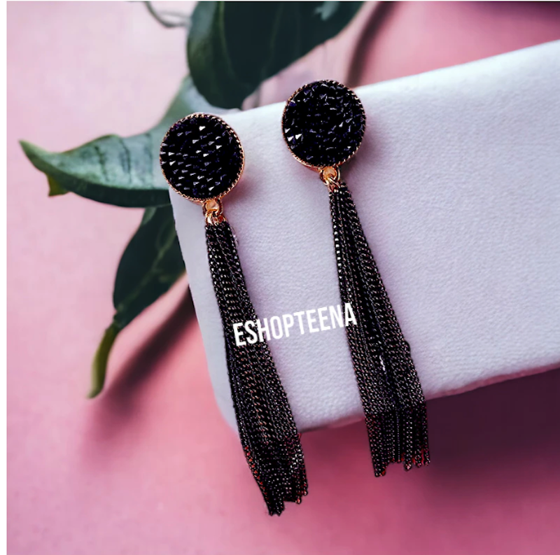 Anting Hijab Juntai Gold Diamond Full Hitam 3