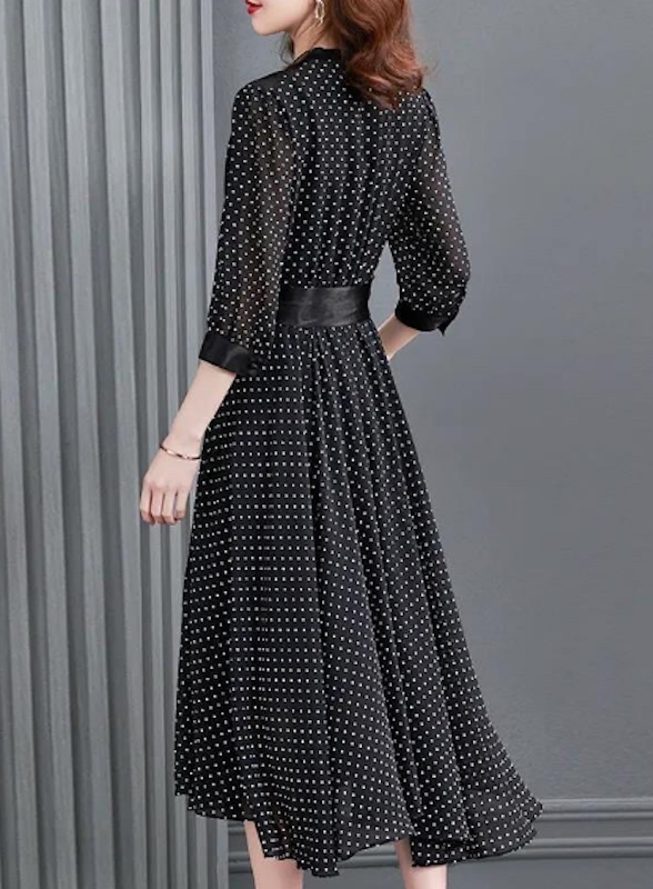 Korean Chiffon V Neck Dress Small Dots 5