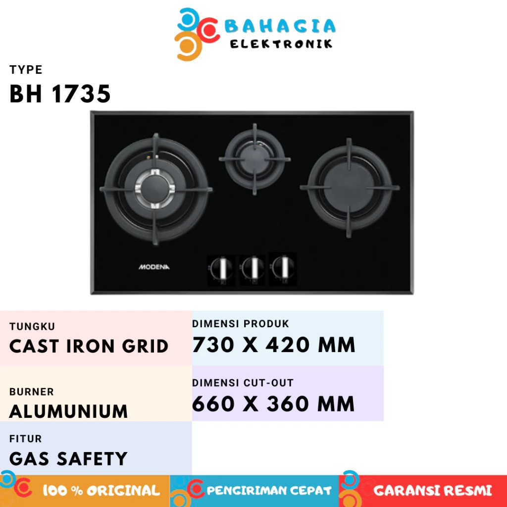 MODENA Indonesia MODENA Kompor Gas Tanam 70cm 3 Burner Aluminum BH 1735