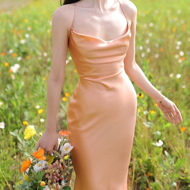 Toko Halo Peach Champagne Cowl Neck Satin Dress  C616
