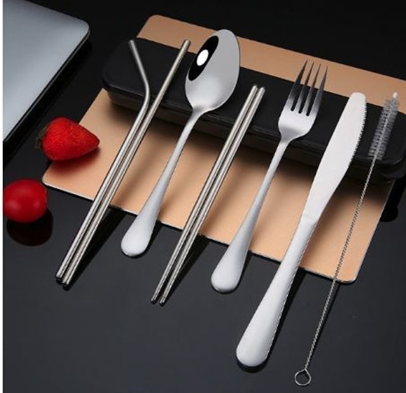 Set 9 Isi Sedotan Garpu Sendok Sumpit Pisau Stainless Travel