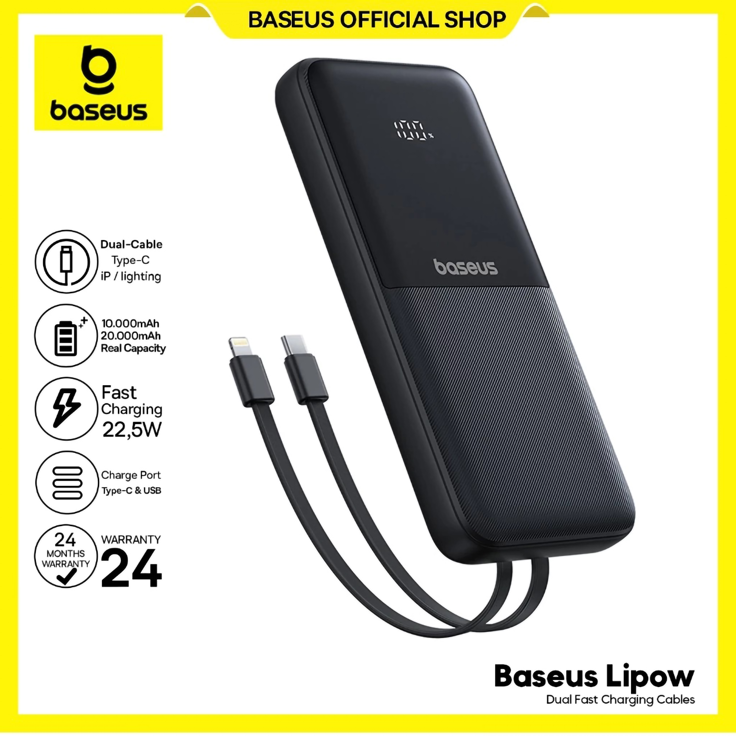 Shenzhen Baseus Technology Baseus Lipow Dual-Cable Power Bank with Digital Display 10000mAh 22.5W PPJP311