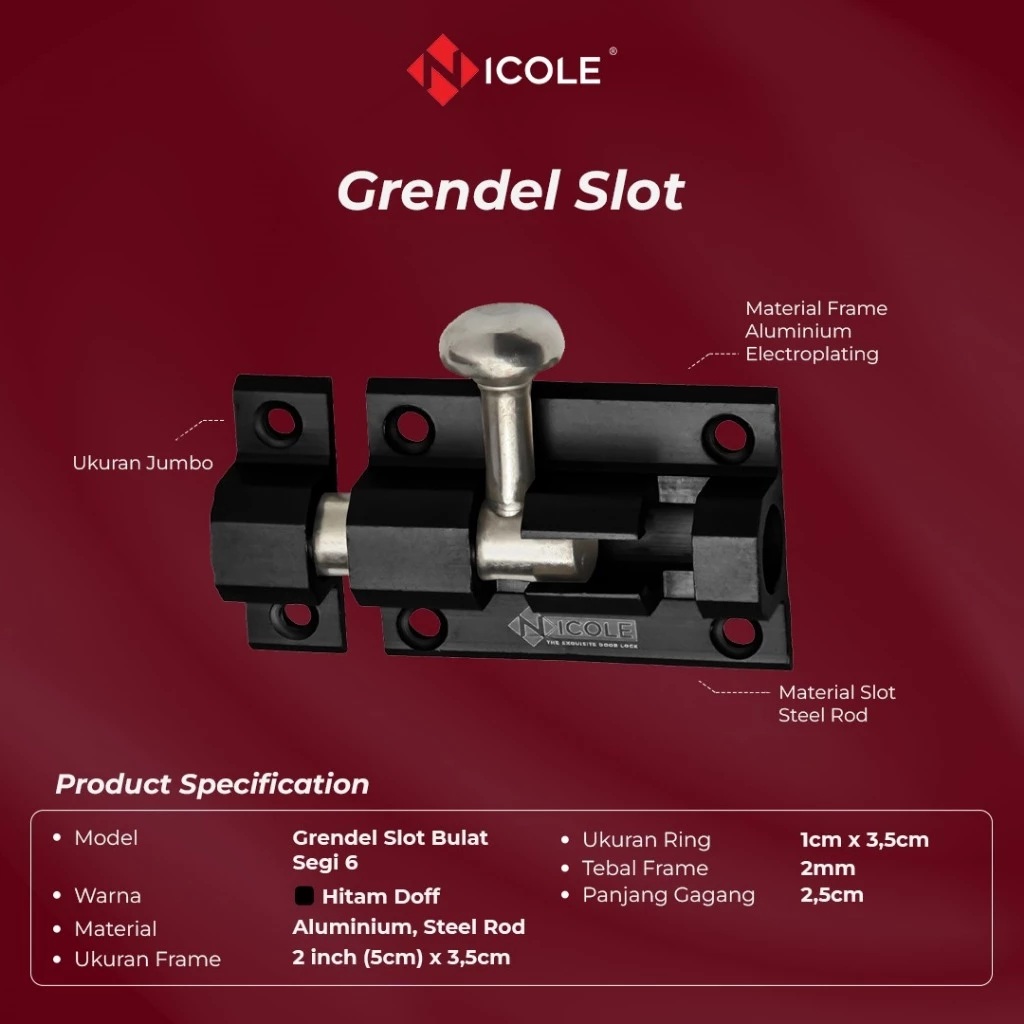 Arga Anggala Sentosa Nicole Grendel Slot Pintu Bulat Segi 6 / Hexagon Door Bolt Black