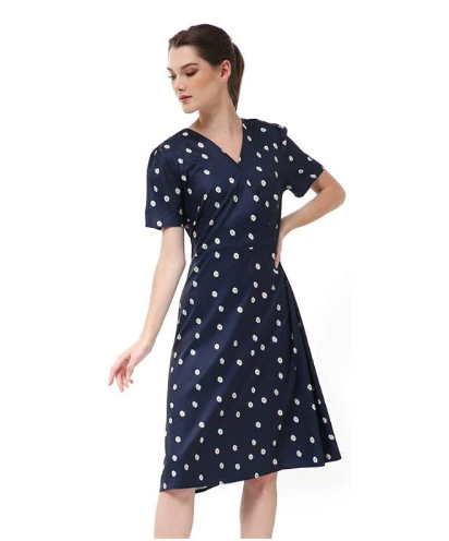 Hamlin Rachel Dress Wanita Lengan Pendek Motif Polka Dark Blue