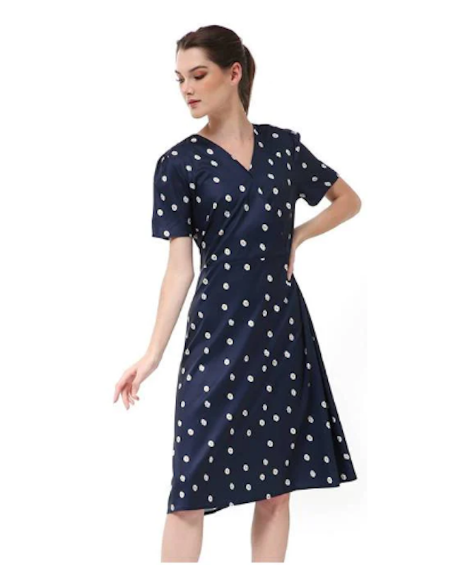 Rachel Dress Wanita Lengan Pendek Motif Polka Dark Blue 4