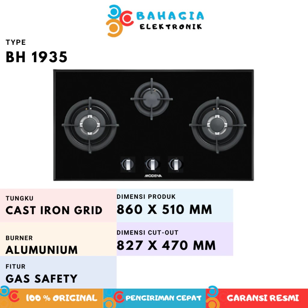 MODENA Indonesia MODENA Built-in Gas Hob 90cm 3 Burner Aluminum BH 1935