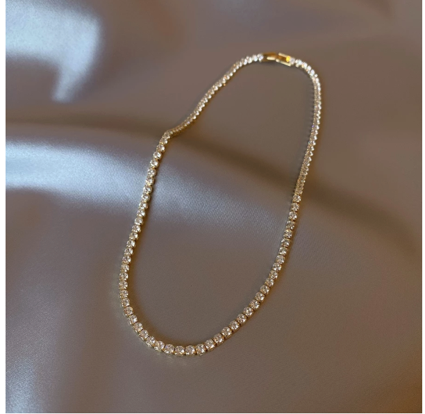 Kalung Tennis Full Batu Permata Bling Choker Gold 33 cm