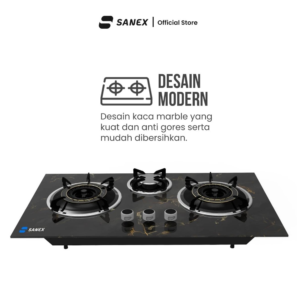 Indo Surya Kencana SANEX Kompor Gas Tanam 3 Tungku Marble Series  SN-KT301