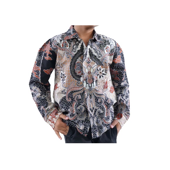 BATIK TRUSMI Atasan Batik Anak Kemeja Laki-Laki Motif Motif Mega Mendung Sawat Coklat