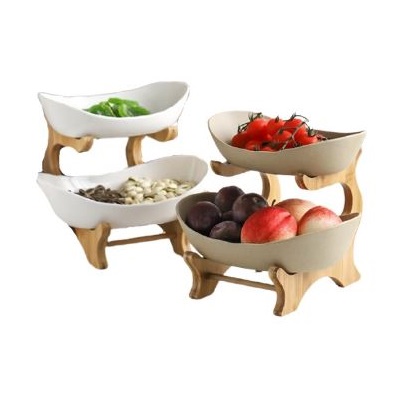 Tempat Buah Keramik Tingkat + Tatakan Kayu