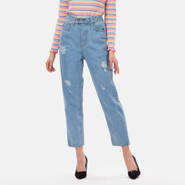 Elastic Waist Ripped Boyfriend Jeans 4