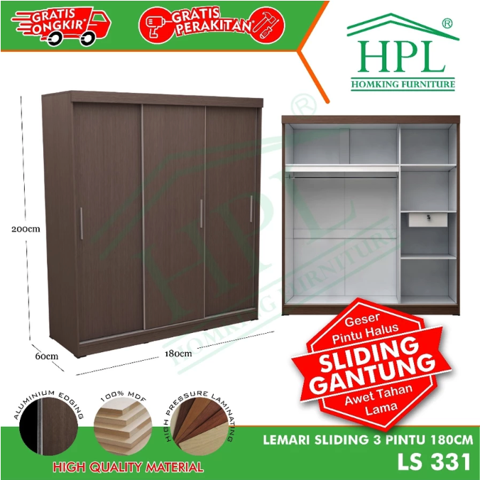 Homking Perabot Nusantara Homking Lemari Pakaian HPL 3 Pintu Sliding LS331