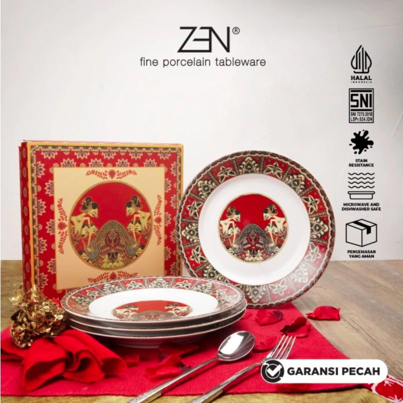 Indo Porcelain ZEN x Ghea Piring Makan Keramik New Wayang Maroon 4 pcs