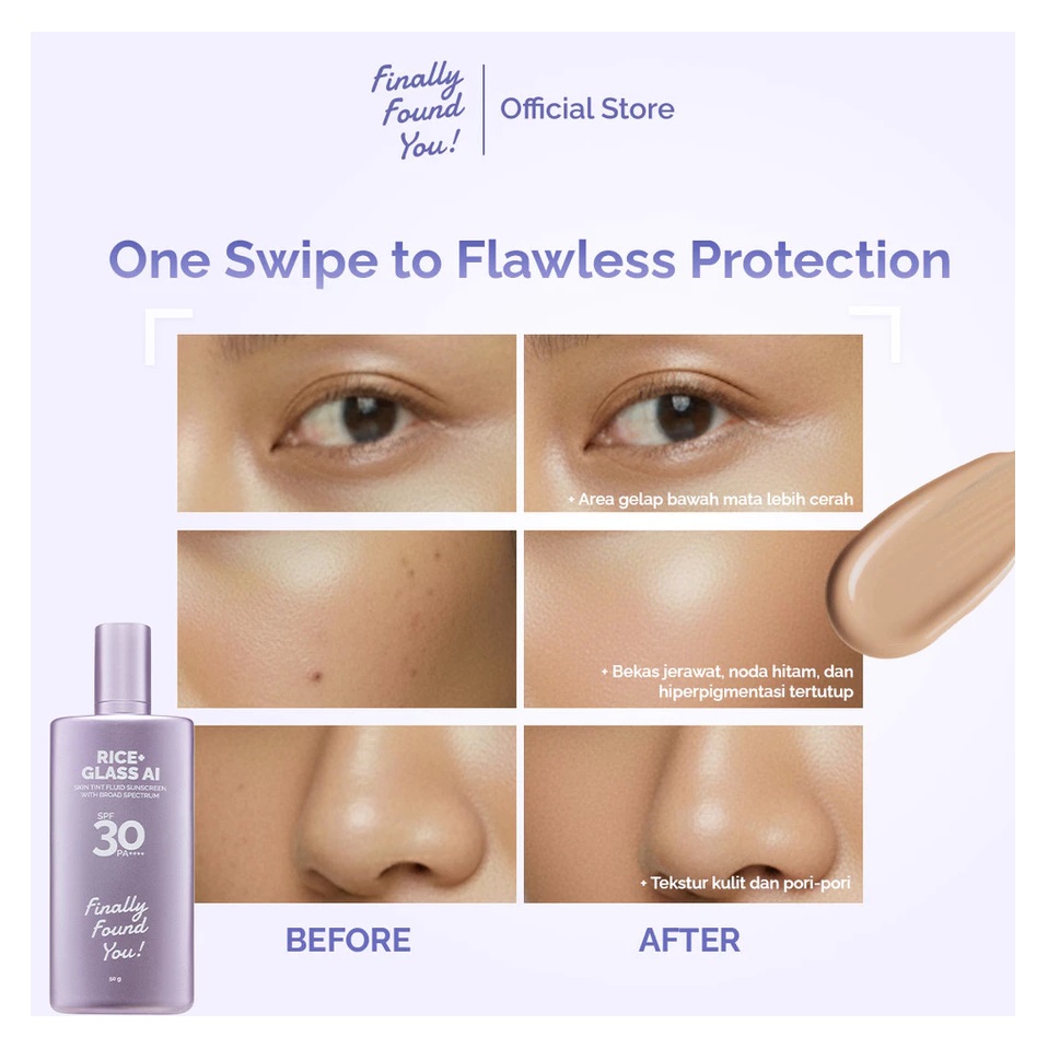 Karya Maharendra Innovation Finally Found You! RICE+ Glass AI Skin Tint Fluid Sunscreen with Broad Spectrum SPF 30 PA++++ AI-05 Deep Connection