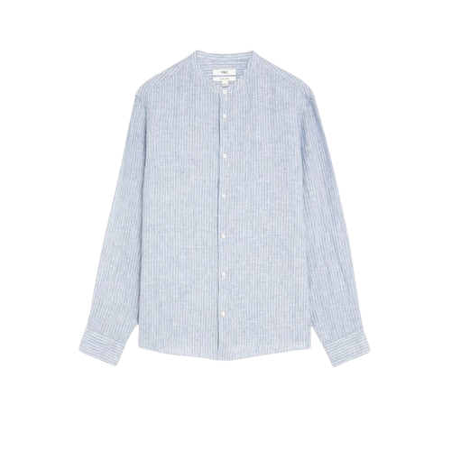 M&S Pure Linen Striped Grandad Collar Shirt 1