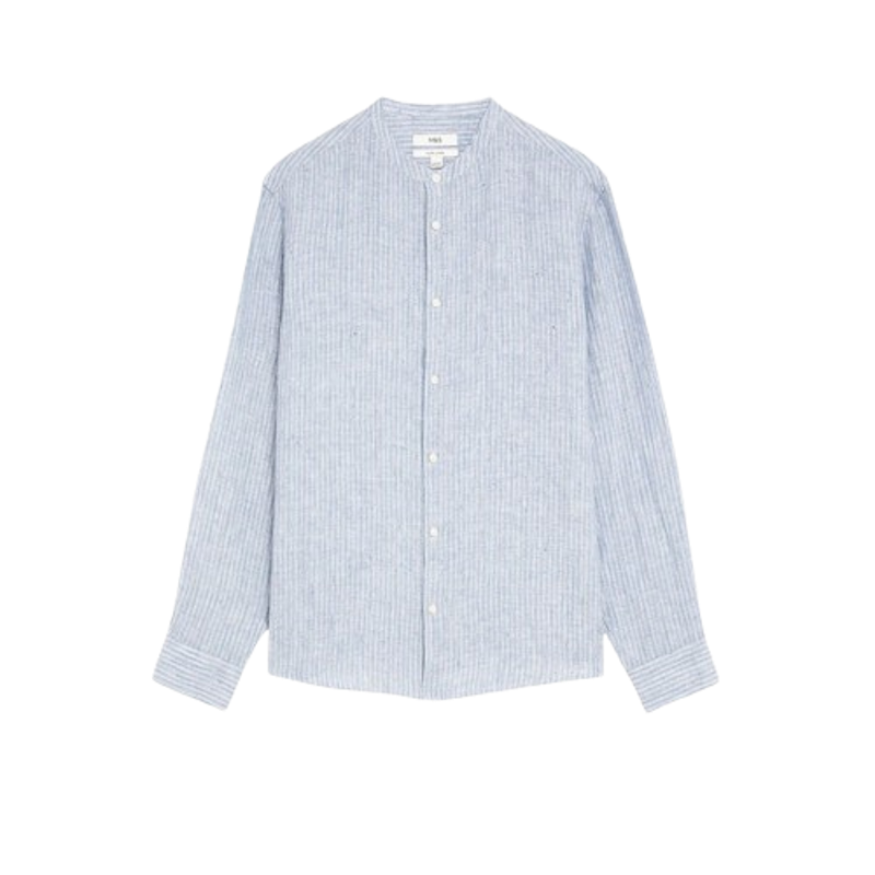 M&S Pure Linen Striped Grandad Collar Shirt 1