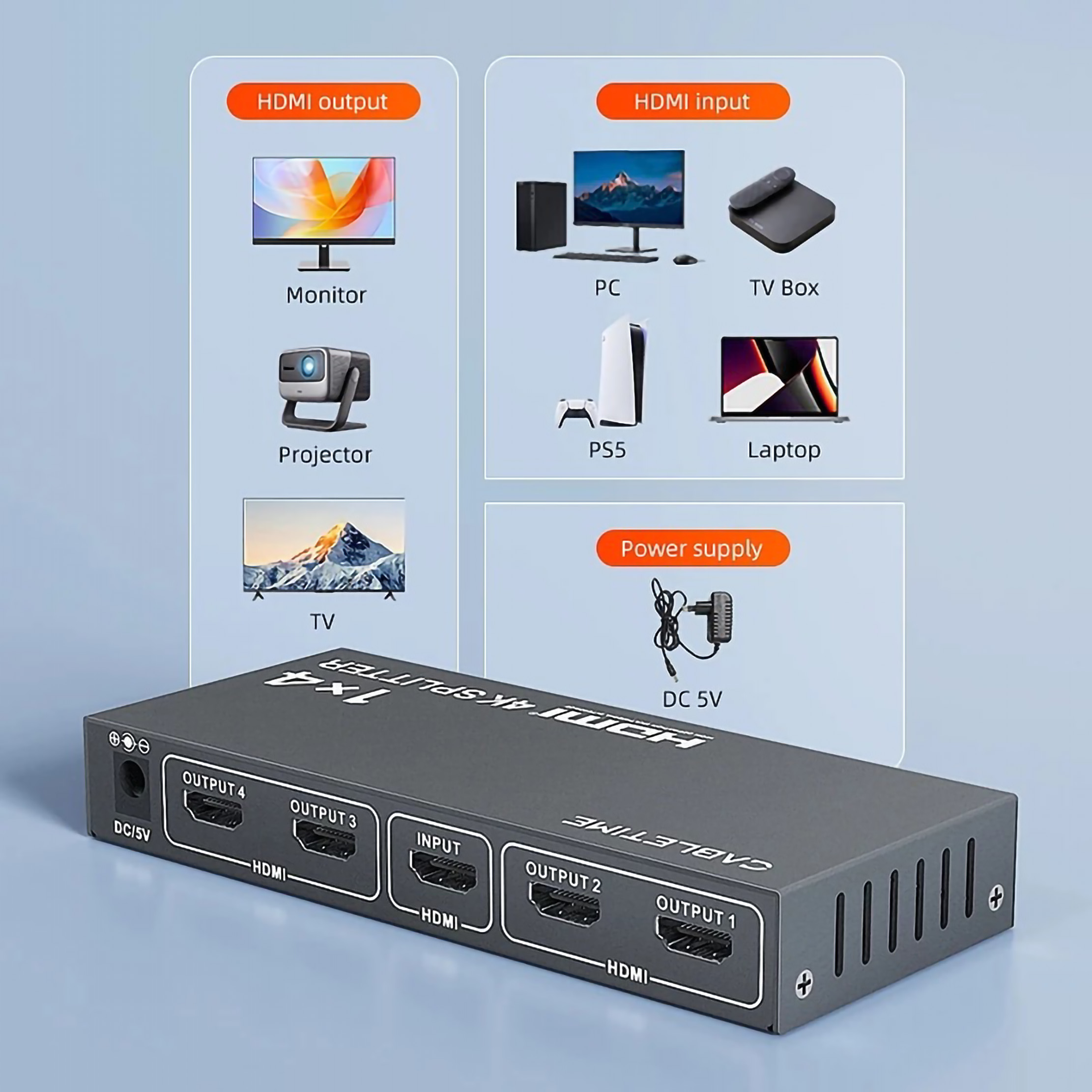 CABLETIME 1x4 HDMI 4K Splitter 4