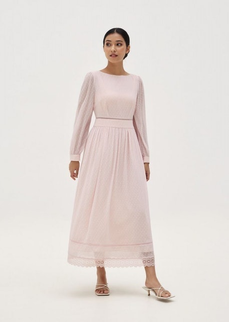 Audrina Lace Trim Dobby Dot Dress ｜ TH2139