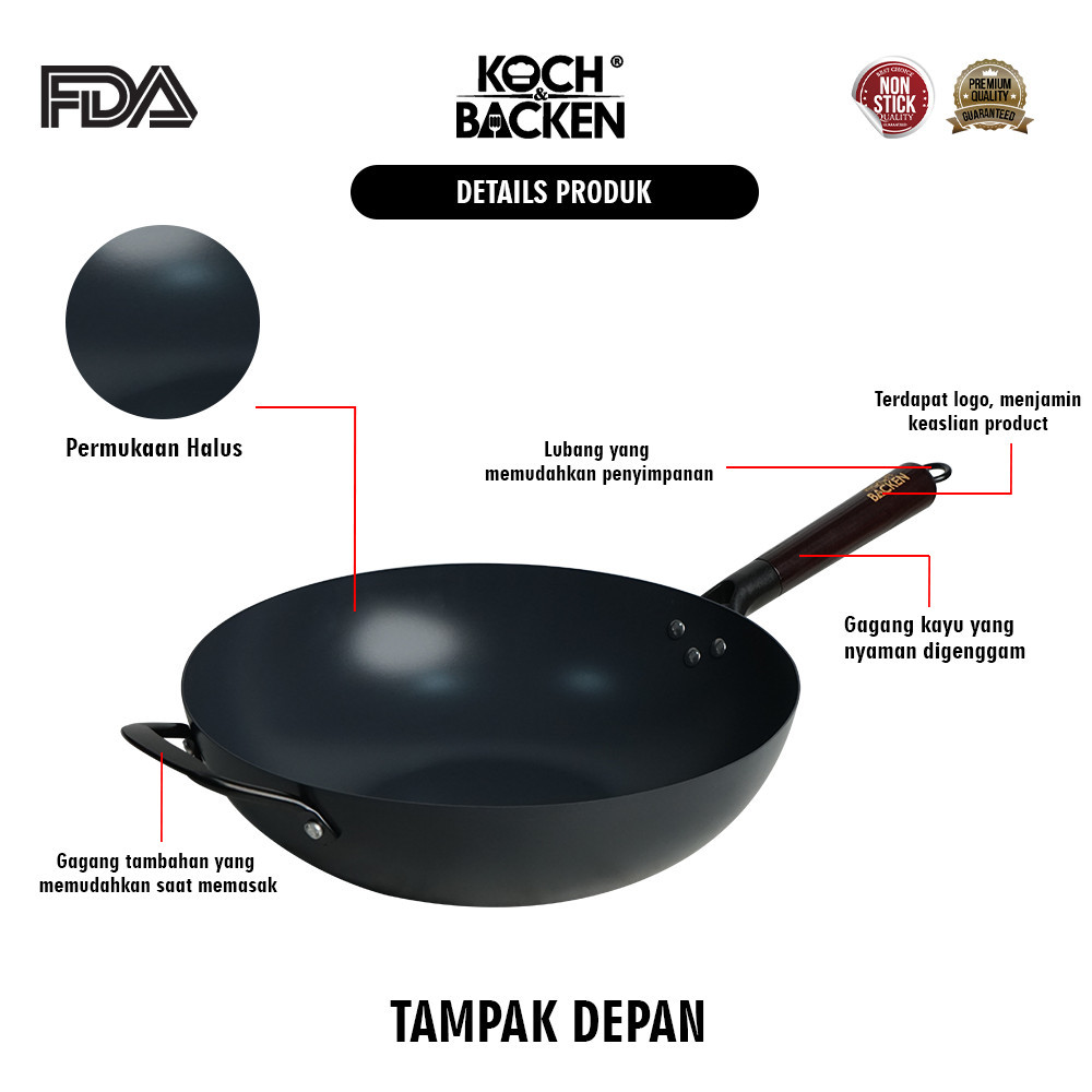 Koch Backen International KOCH&BACKEN® Carbon Steel Wok Ceramic Coating Flat Bottom With Wooden Handle 32 cm