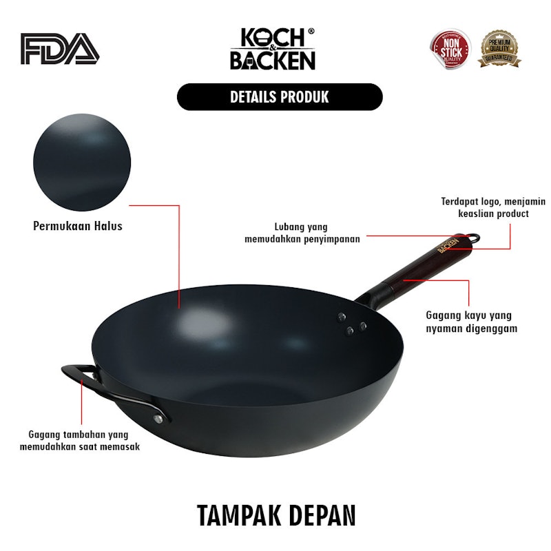 KOCH&BACKEN® Carbon Steel Wok Ceramic Coating Flat Bottom With Wooden Handle 32 cm 3