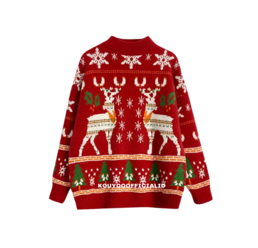 KOUYOO Crew Neck Oversize Christmas Sweater Rusa & Pohon Natal