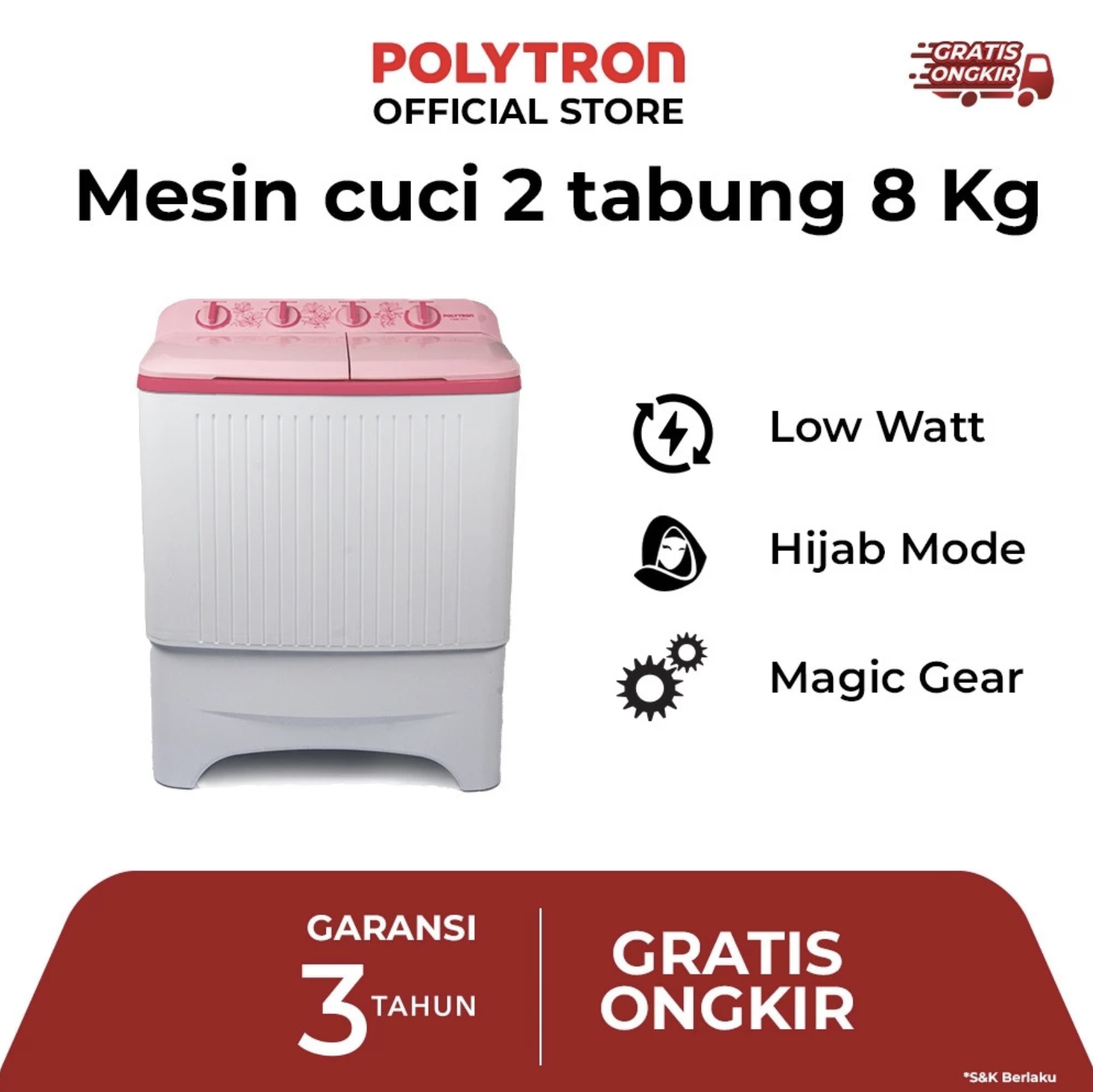 Hartono Istana Teknologi Polytron Mesin Cuci 2 Tabung Giant Series 8 kg PWM 8073P 