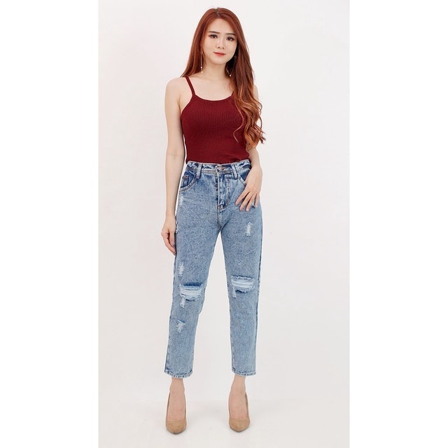 Jeans Boyfriend HW Ripped Snow Denim