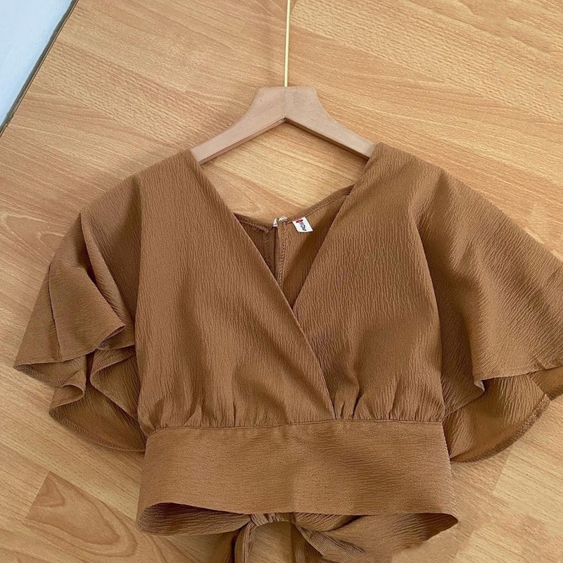 Femei Outer Blouse Slit Back Self Tie Wrap Crop Top 2