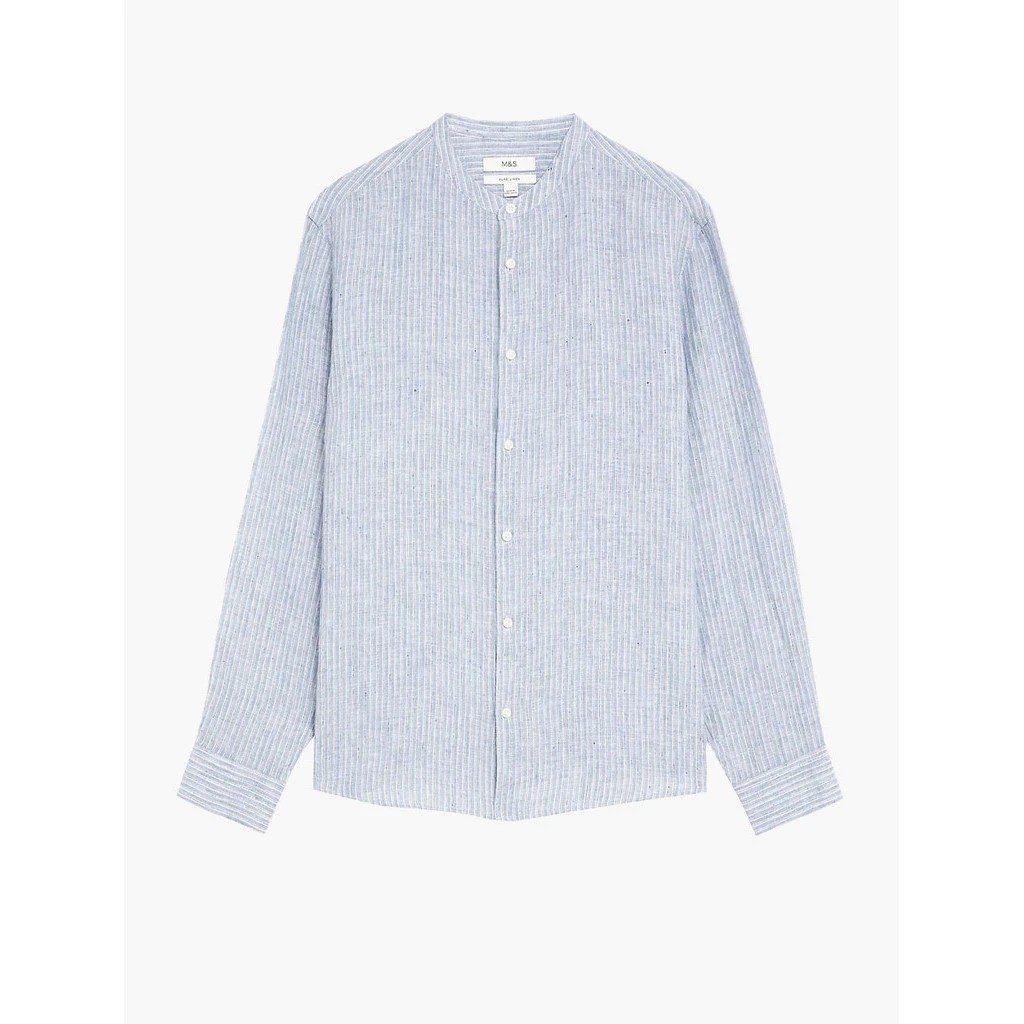 Marks & Spencer M&S Pure Linen Striped Grandad Collar Shirt