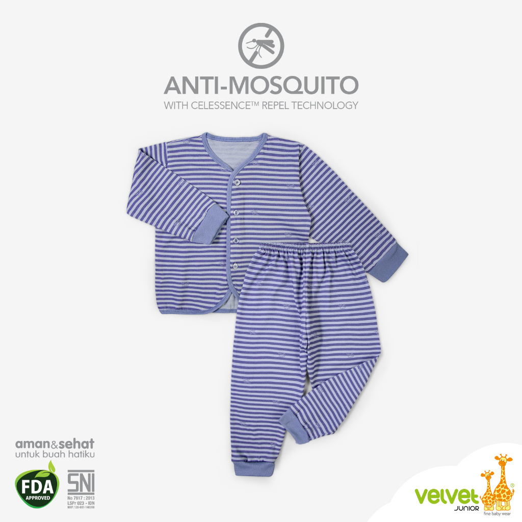 Evergreen Buana Prima Sandang Velvet Junior Baju Bayi Anti Nyamuk Setelan Panjang Kancing Tengah