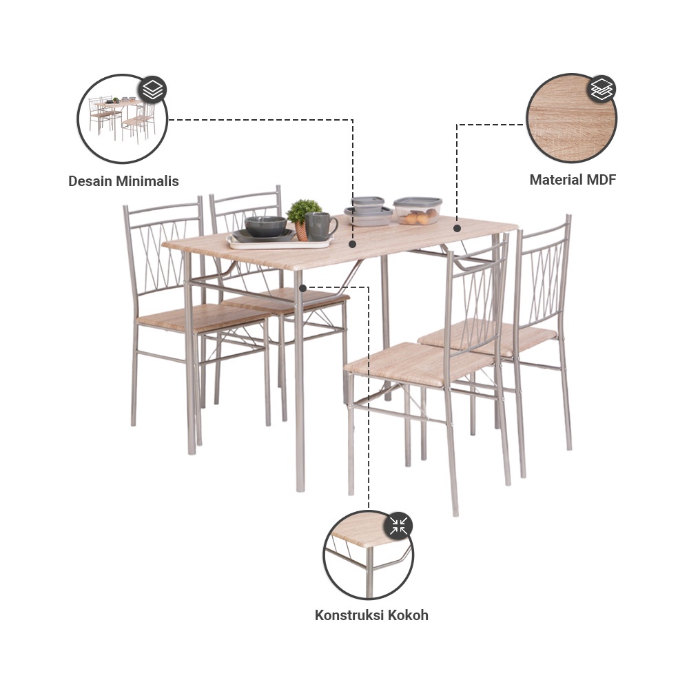 Harold Set Meja Makan 4 Kursi - Silver 2