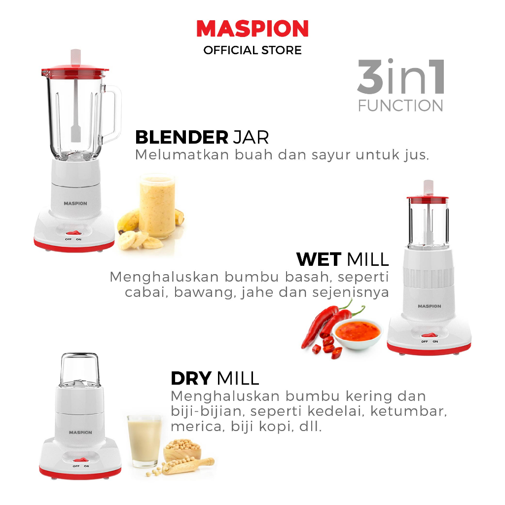 Maspion Maspion Blender 3in1 With Dry Miller & Wet Miller MT-1213