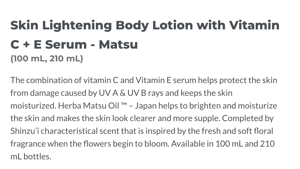 Shinzui Skin Lightening Body Lotion with Vitamin C + E Serum Matsu 100ml 2