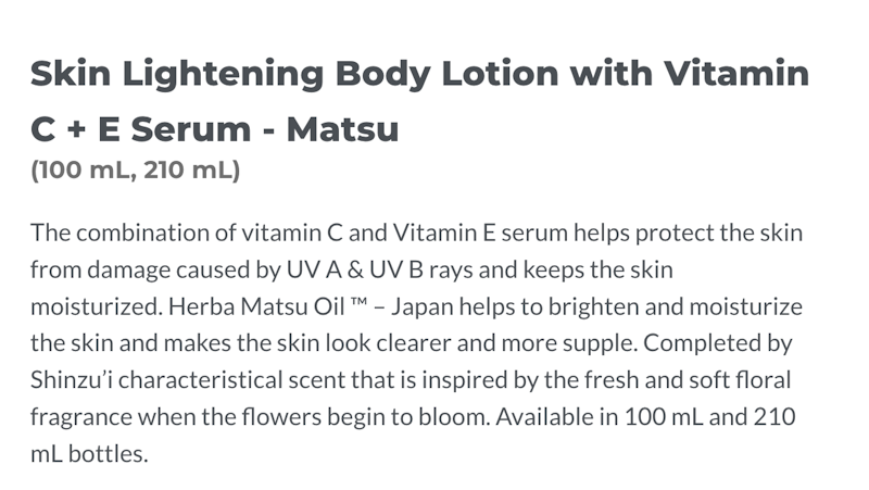 Shinzui Skin Lightening Body Lotion with Vitamin C + E Serum Matsu 100ml 2
