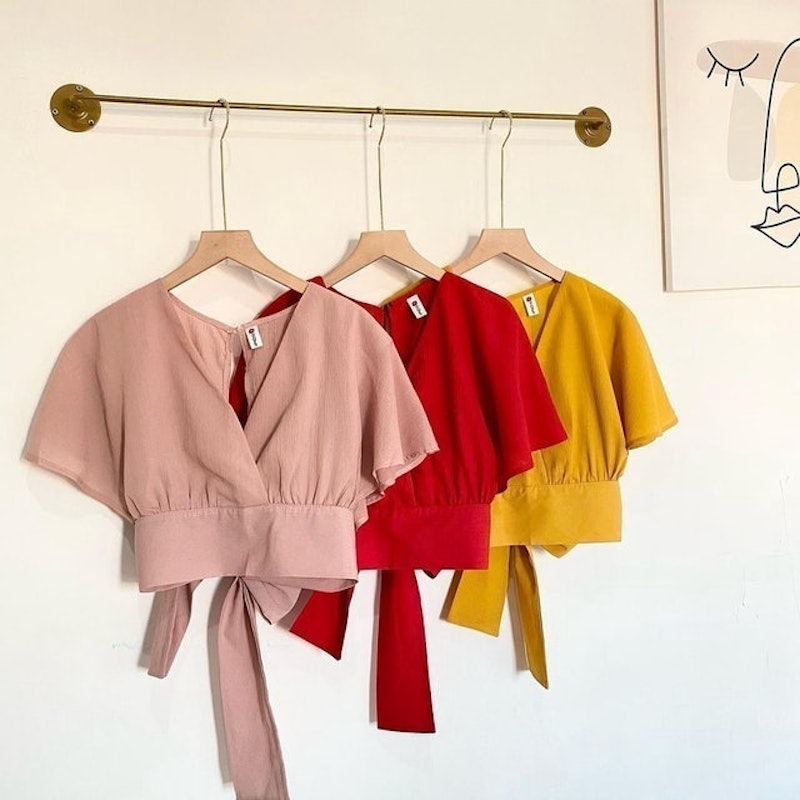 Femei Outer Blouse Slit Back Self Tie Wrap Crop Top 3