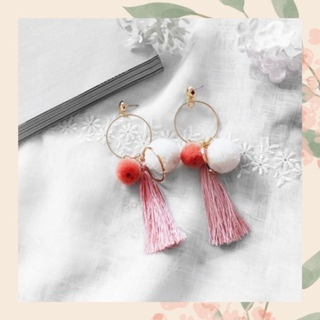 Fashion Tassel Pom Pom Hoop Pink Orange Earrings