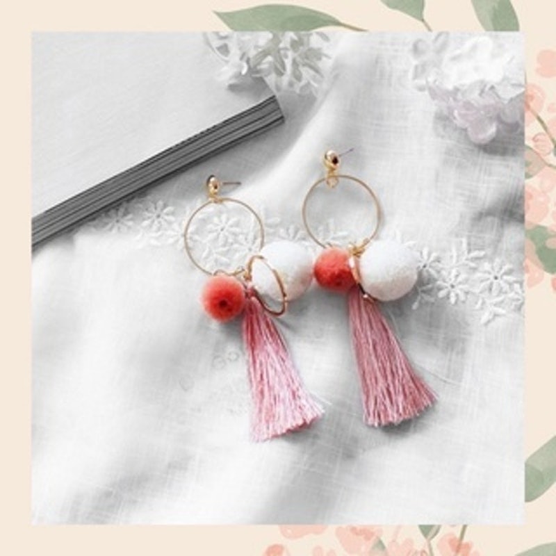 Fashion Tassel Pom Pom Hoop Pink Orange Earrings 1