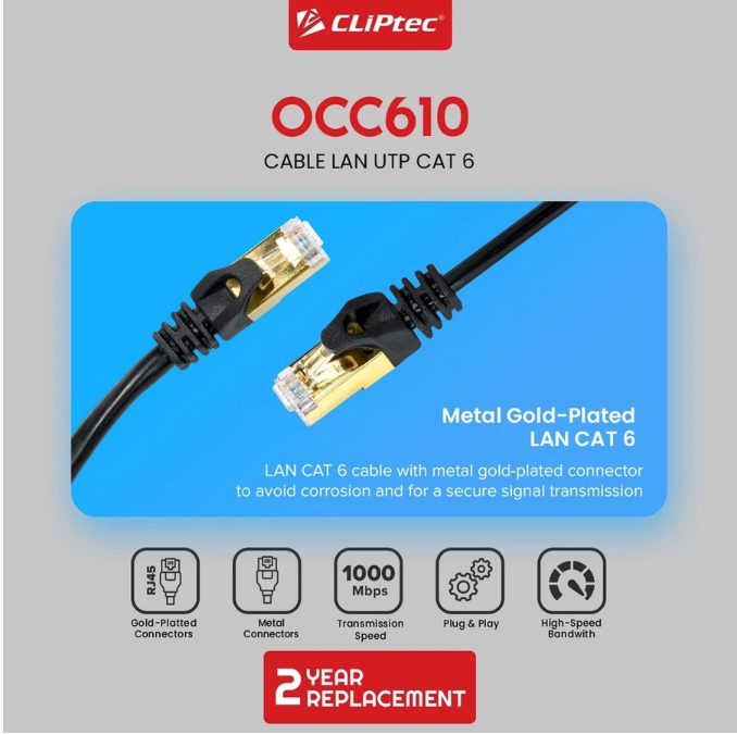 Cliptec Technology Cliptec Cable Lan UTP CAT6 Gold Plated 10 meter OCC610
