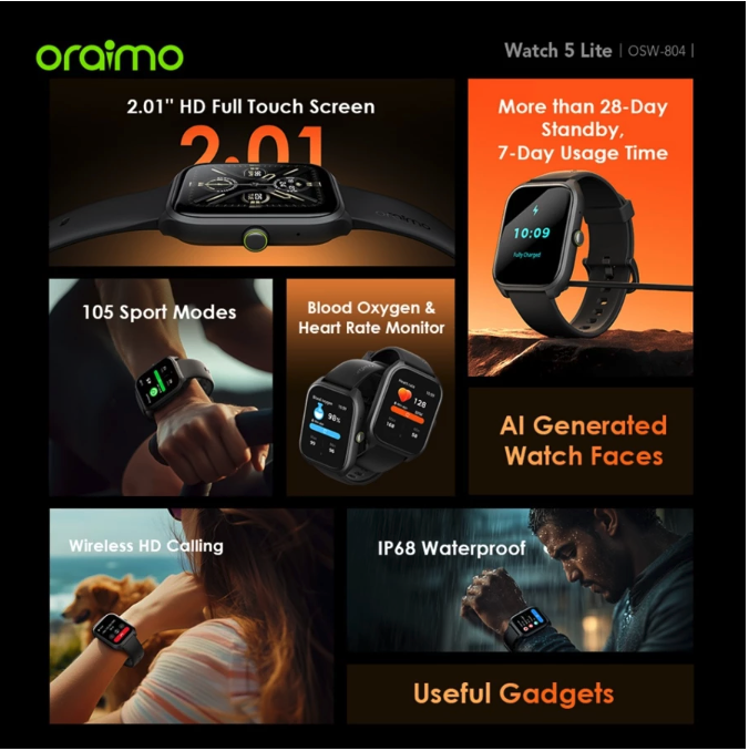 Transsion Holdings oraimo Watch 5 Lite 2.01" HD IP68 Smart Watch OSW-804