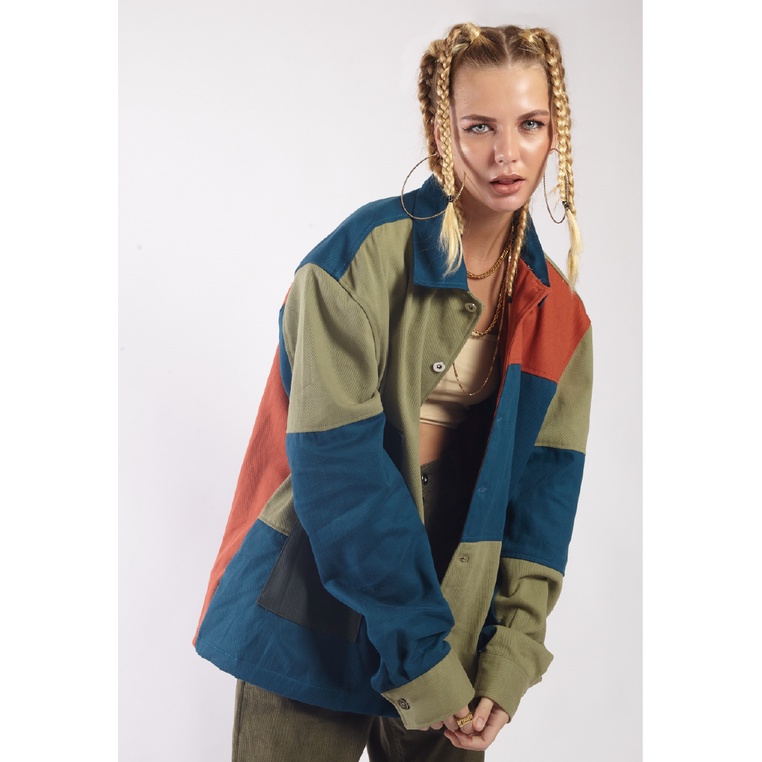 OCWA STUDIO Oversized Calton Multi Patches Denim Jacket Beige Army